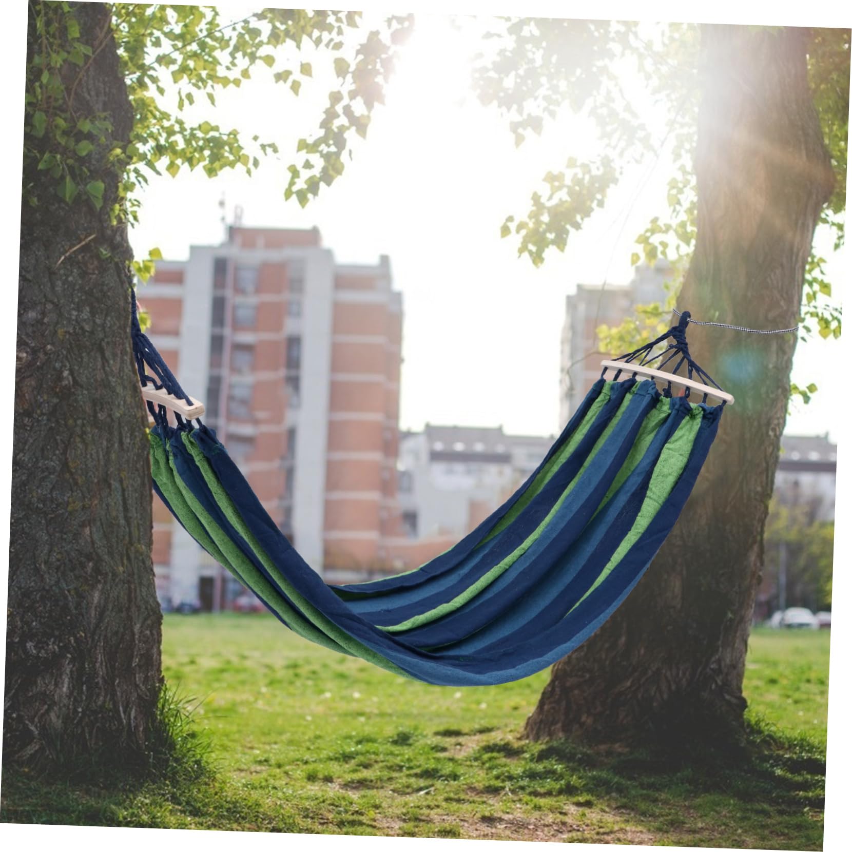 Hamaca de Lona Rayada Azul Portátil de Madera para Acampar