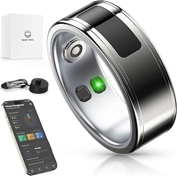 Smart Ring,24H Body/Sleeping/Fitness Monitor with Wireless Charging,Health Ring with IP68 Waterproof,Fitness Tracker for Men/Women,Portable APP Connection for Music Reading Photo Silver, 8#