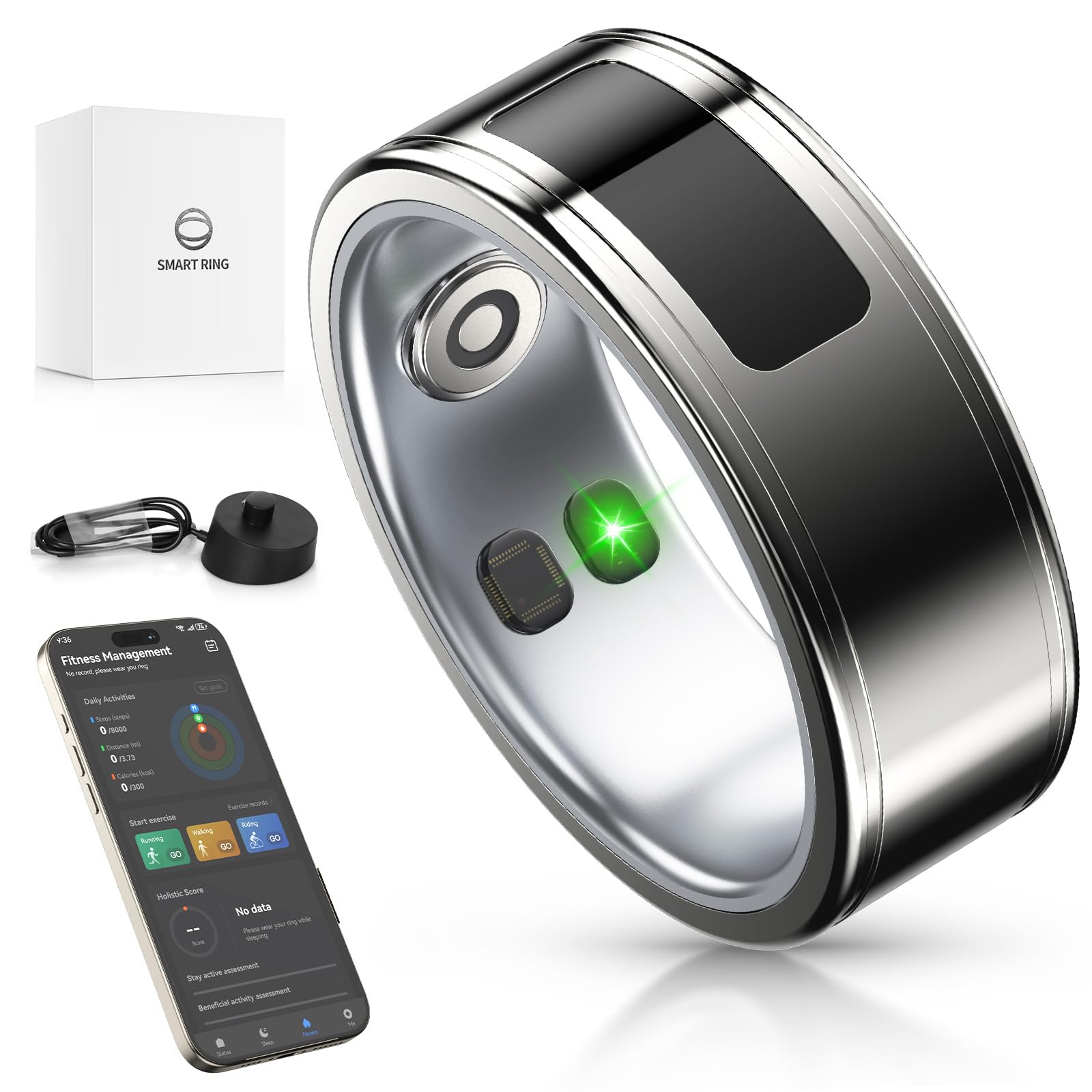 Smart Ring,24H Body/Sleeping/Fitness Monitor with Wireless Charging,Health Ring with IP68 Waterproof,Fitness Tracker for Men/Women,Portable APP Connection for Music Reading Photo (Silver, 8#)-picture-22
