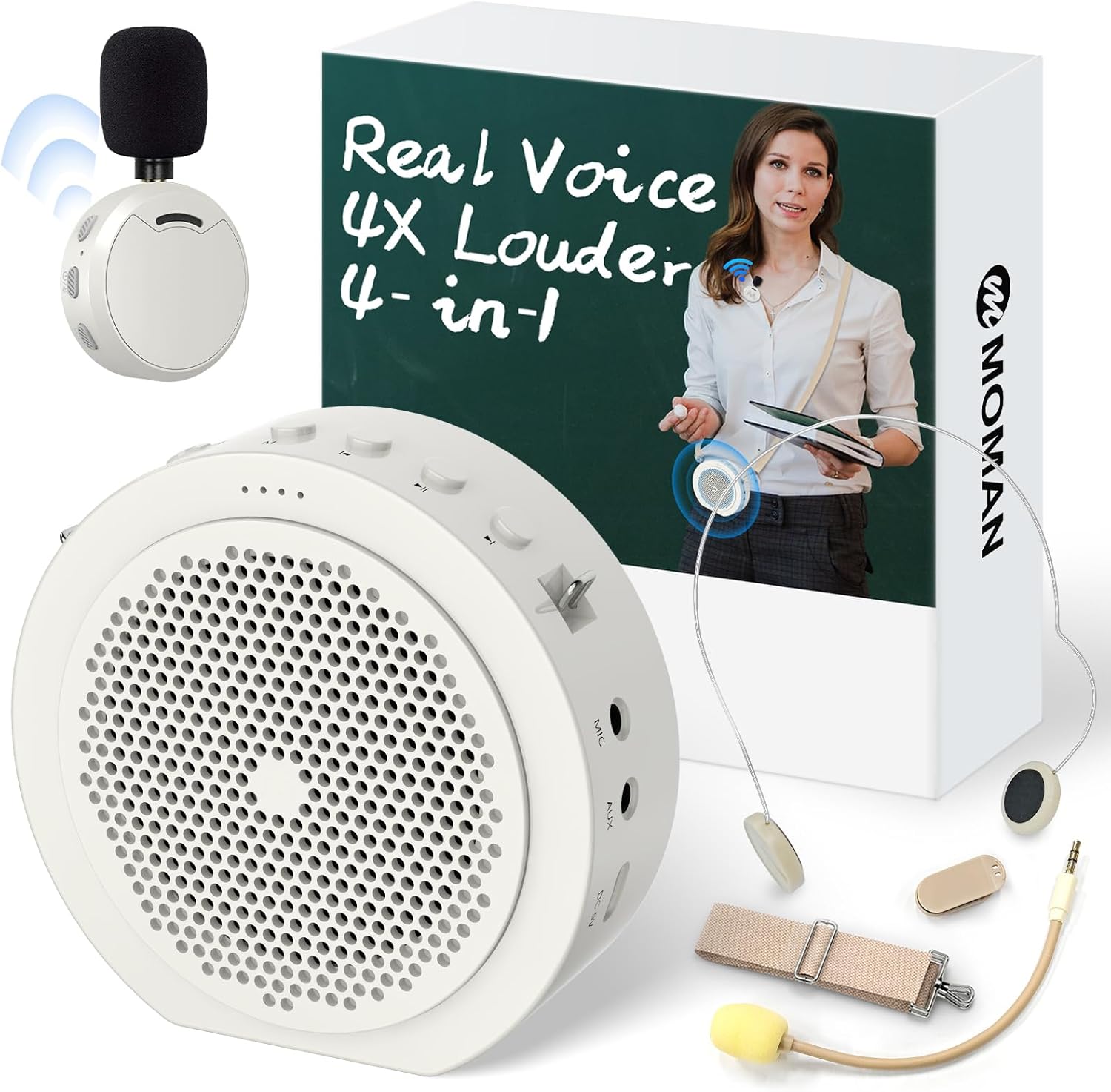 Moman Wireless Voice Amplifier with Lavalier Mic, 20H Battery 164ft Range Sensitive Pickup Noise Reduction PA System Bluetooth Portable Magnetic Charging Dock, Amplifier for Teacher Yoga Tour, White