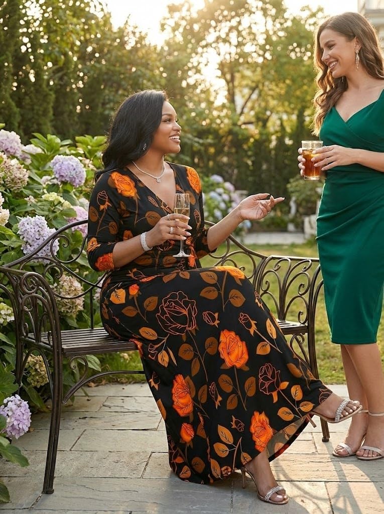 Women's Plus Size Maxi Dress with Pockets - V Neck 3/4 Sleeve Wrap Boho Floral Long Dresses - Image 4