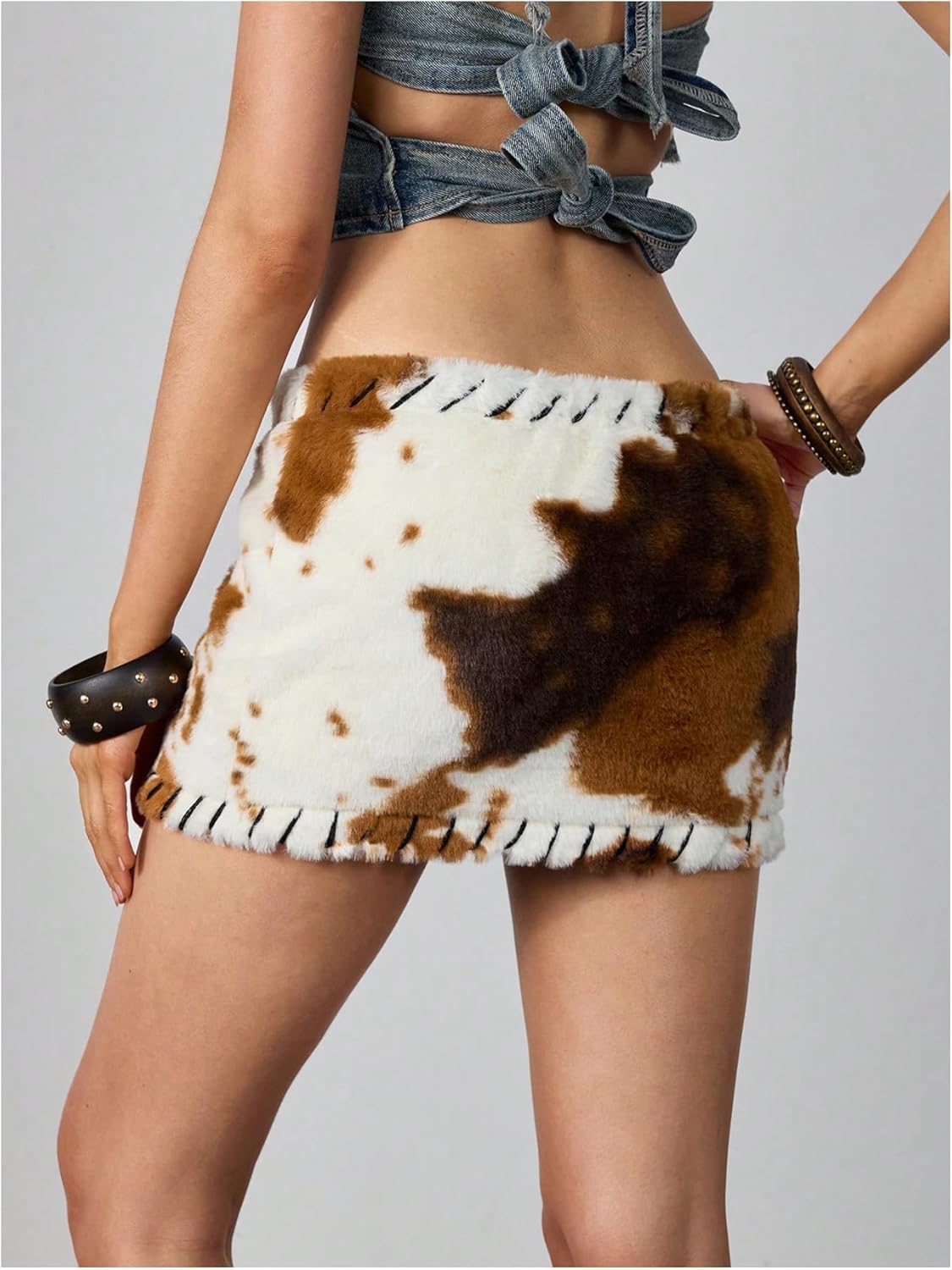 MakeMeChic Women's Cow Print Fuzzy Mini Skirt Bodycon Low Waisted Cowboy Chic Outfits - Image 3