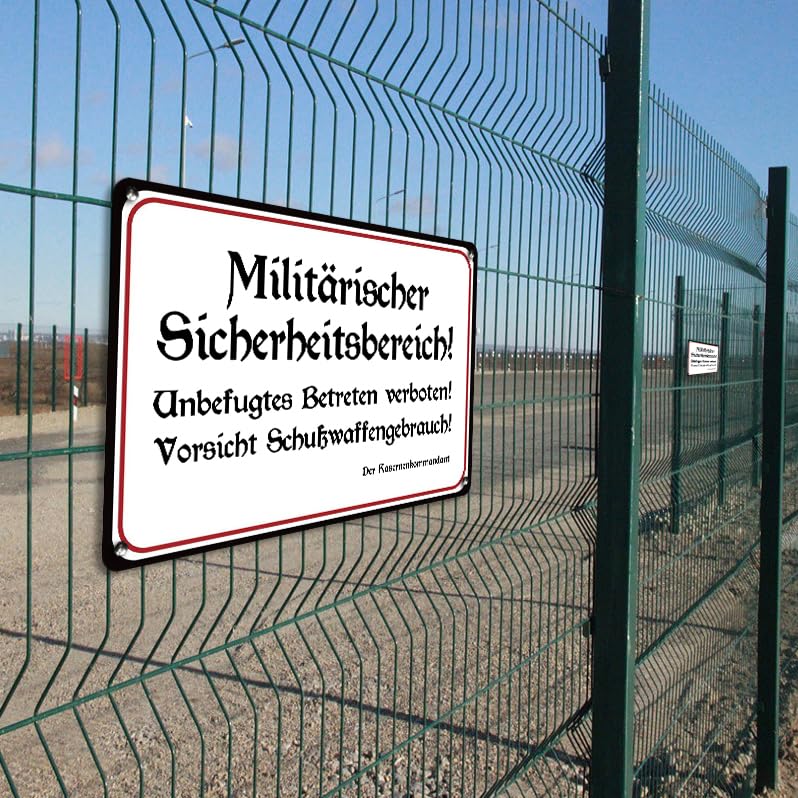 Metallschild 20x30 Cm – 'Militärischer Sicherheitsbereich: Unbefugtes Betreten Verboten, Schusswaffengebrauch' – Gewölbtes Blech