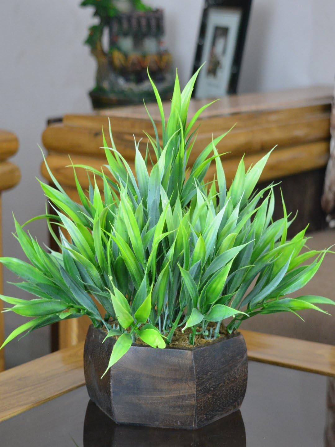 fancymart Plastic & Wood Artificial Bamboo Leaves Plant with Wood Hexagon Pot (20 Cm