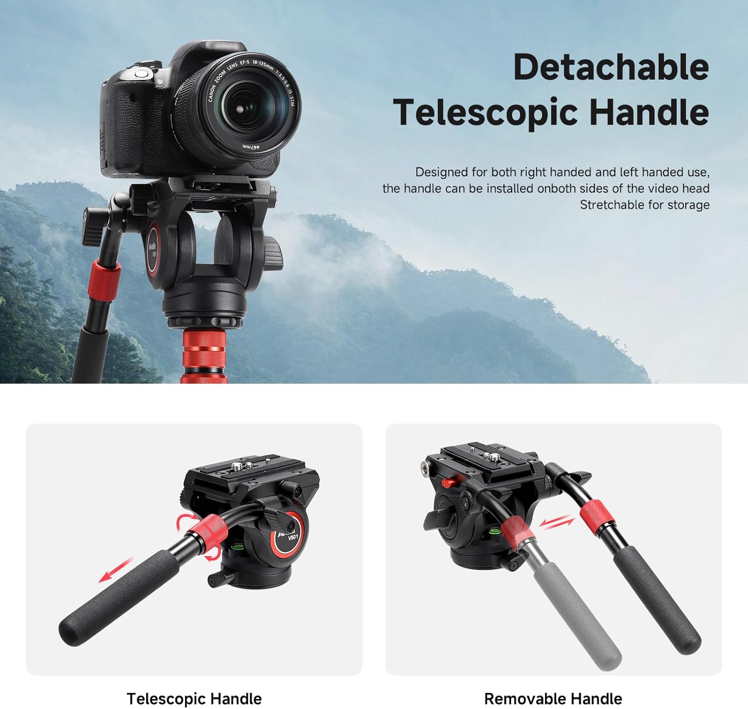 Image showing the detachable telescopic handle in both extended and removable configurations.