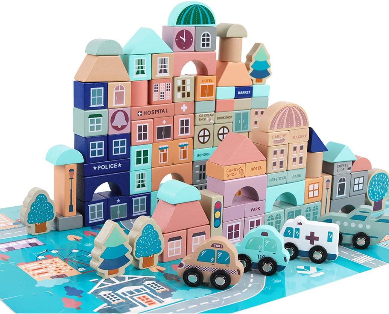 Wooden Blocks-133 Pc for Kids Preschool Ages-Classic Shapes Colorful Wood Block Set Colored Castle Building Kit Toy for Boys & Girls with with 48 Pcs Playset