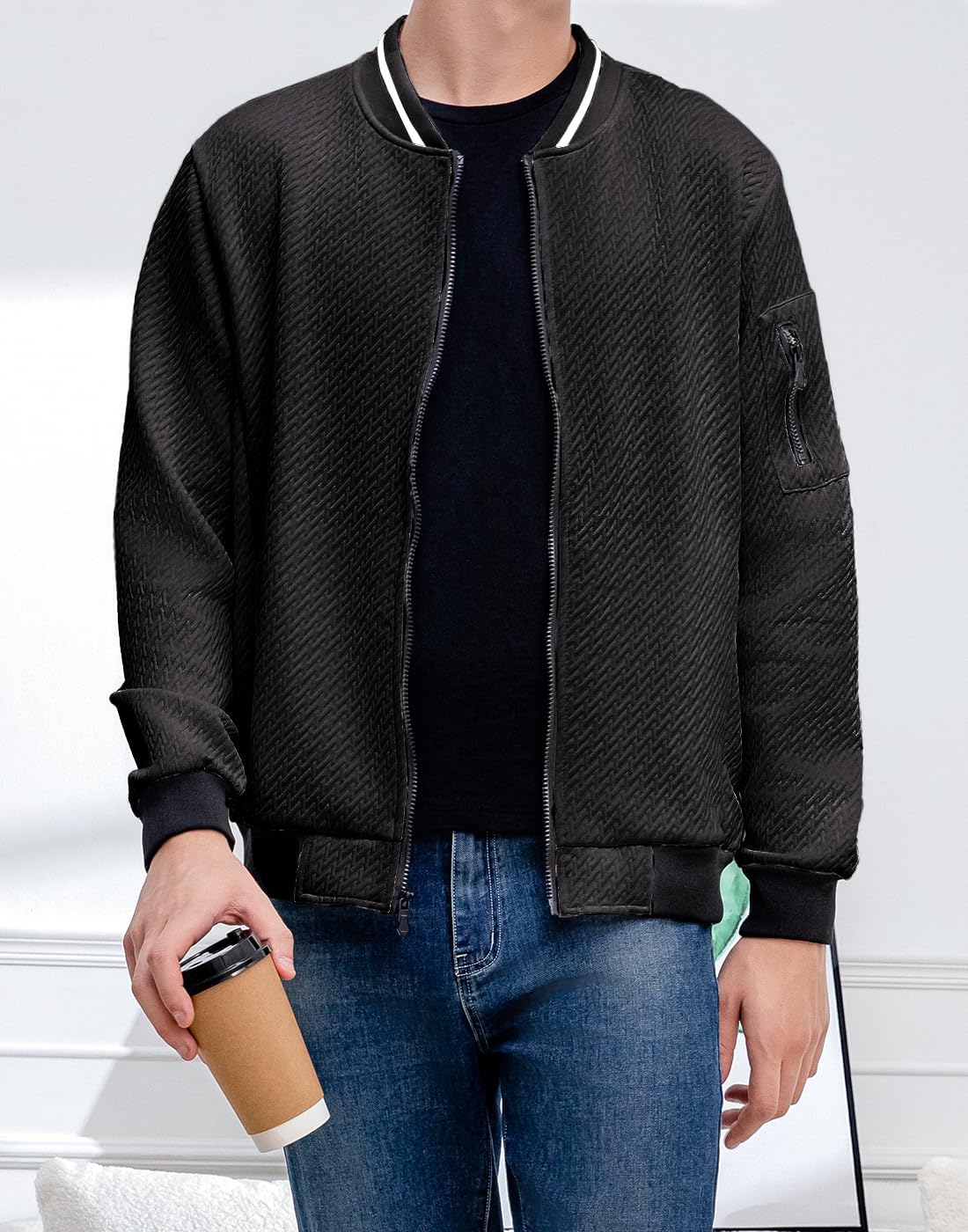 Mens Casual Jacket Loose Fit Lightweight Jacket Varsity Bomber Jacket with Zipper - Image 2