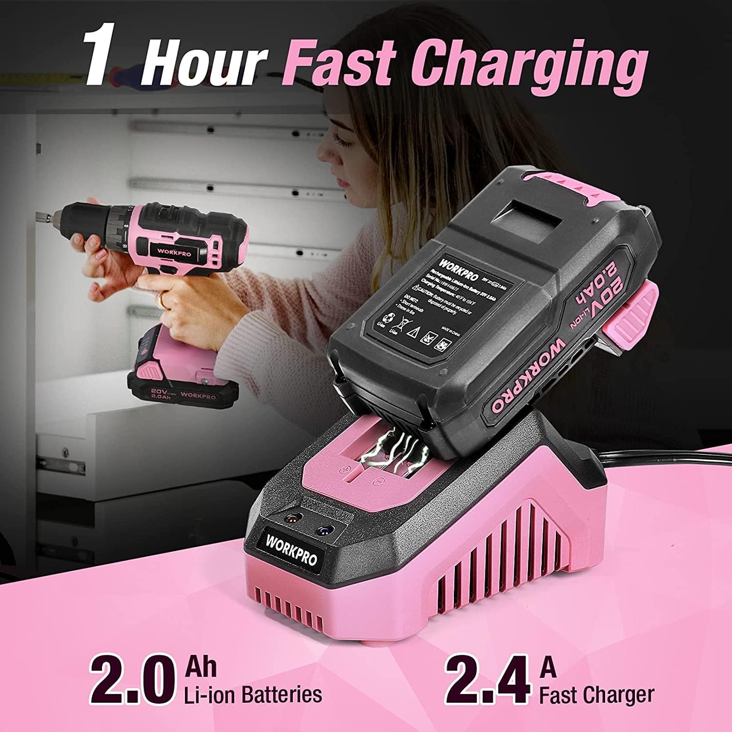 WORKPRO 20V 2.0Ah Replacement Li-ion Battery for 20V Pink Cordless Drill Driver (W004580AE)