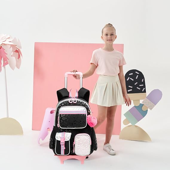 Meetbelify Backpack with Wheels for Girls Rolling Backpack Cute Carry on Backpack for Elementary Student
