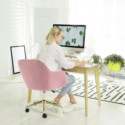 Miniatura 2 de Silla de oficina en casa de tela de peluche, bonita silla giratoria de escritorio con ruedas, moderna silla de tocador ajustable con base dorada