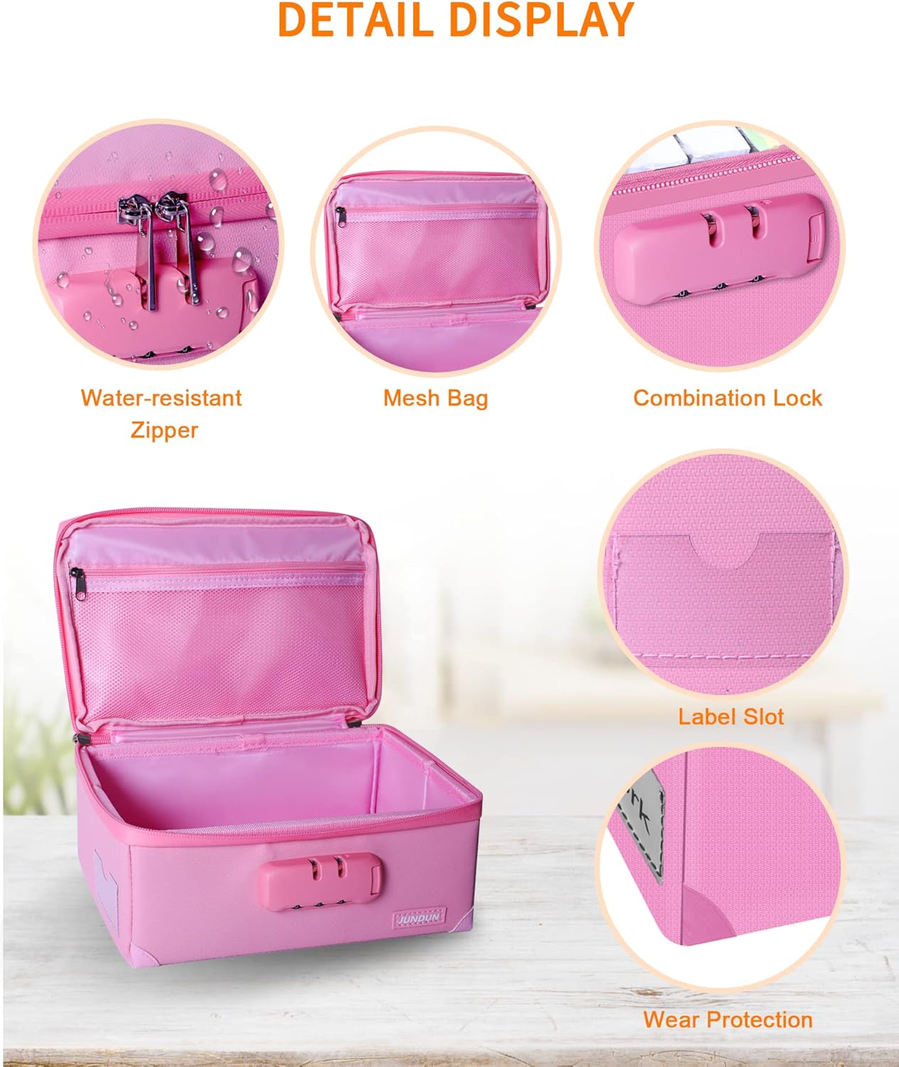 JUNDUN Index Card Holder with Lock,Collapsible Fireproof Index Card Box fits 1200 3x5-Inch Flash Cards - Business, Recipe, or Note Card Storage Boxes - Pink