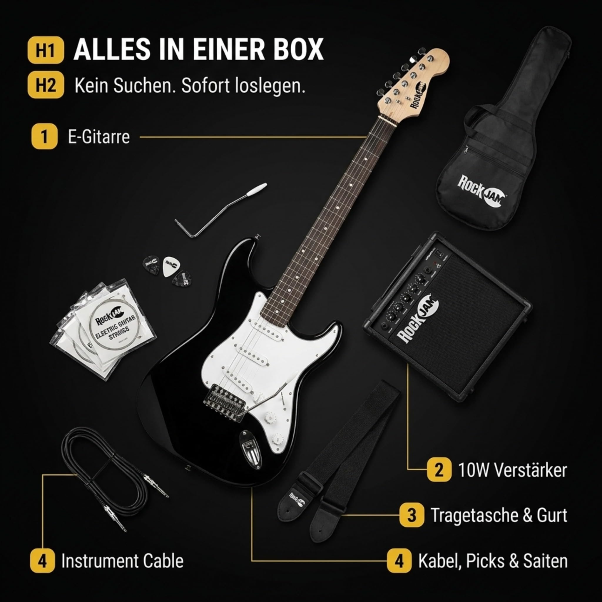 RockJam E-Gitarren-Set volle Größe für Anfänger, Schwarz, 6 Saiten mit 10-W-Verstärker, Tasche, Gurt, Kabel, Plektren und Tremolo
