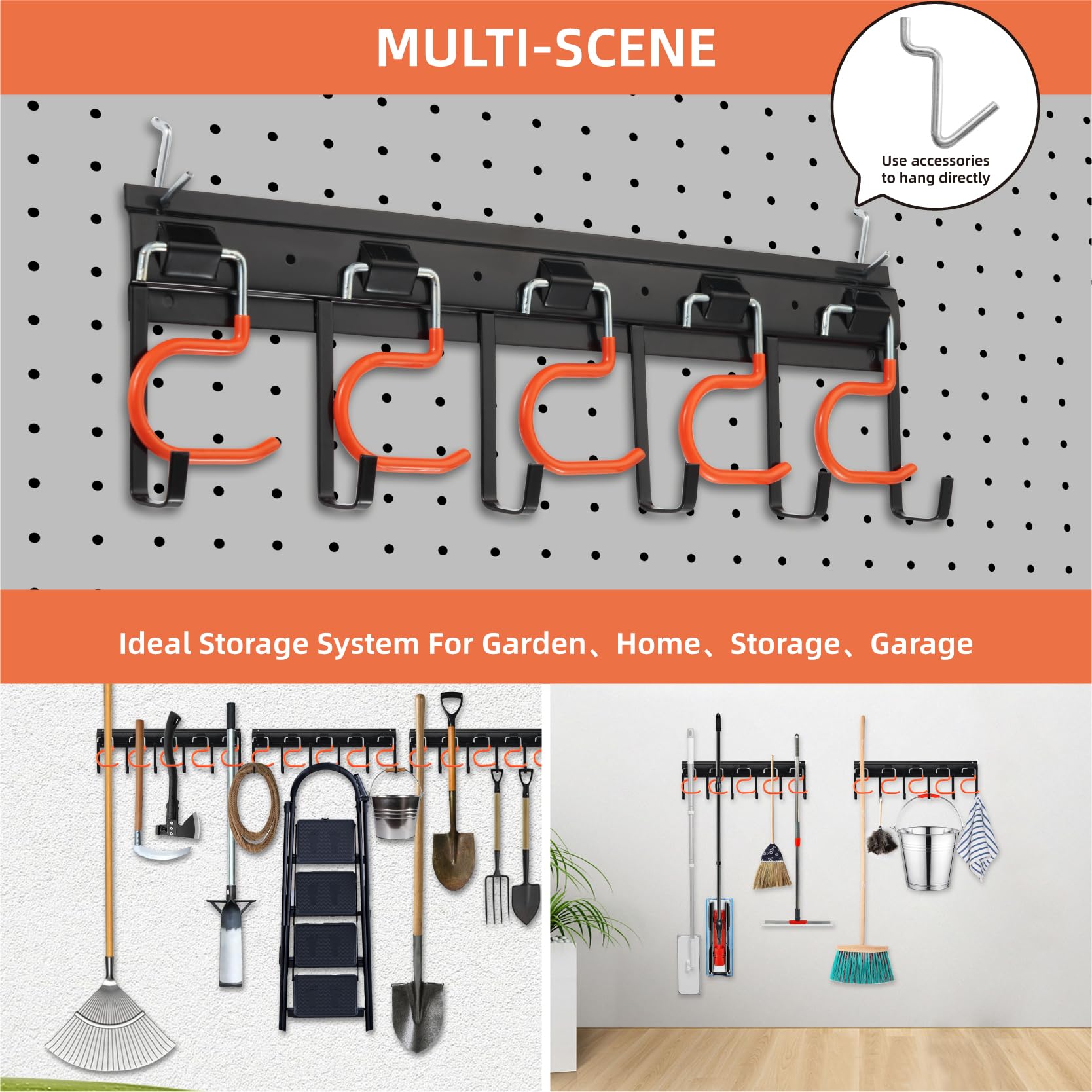 68" Garage/Jardin mural organisateur Garage & Locker avec petit crochet en U pour garage, vélos, échelles, vélos, chaises, balais, râteaux, pelles, pelles (4 rails)