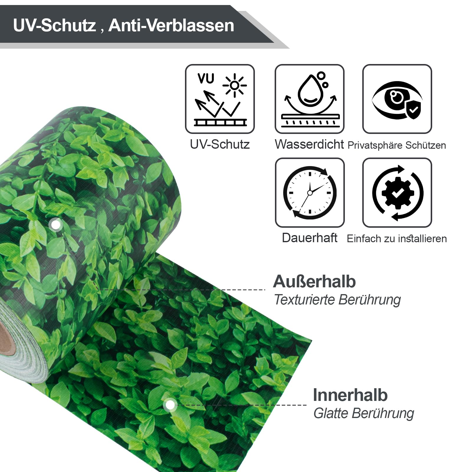 Sunnylaxx PVC Sichtschutzstreifen 35m x 19cm, 450g/m² inkl. 20 Clips, Buchsbaum Zaun Sichtschutz, Gartenzaun, Stabmattenzaun, Zaunfolie, Doppelstabmatten Zaun