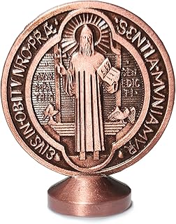 Copper St Benedict Medallion for Desk - 1.83" x 2.15" - Easy Display Adhesive Foam Pad - Features Saint Benedict Medal Seal - Religious Medallion Stand - Catholic Gifts for Home Office Decor