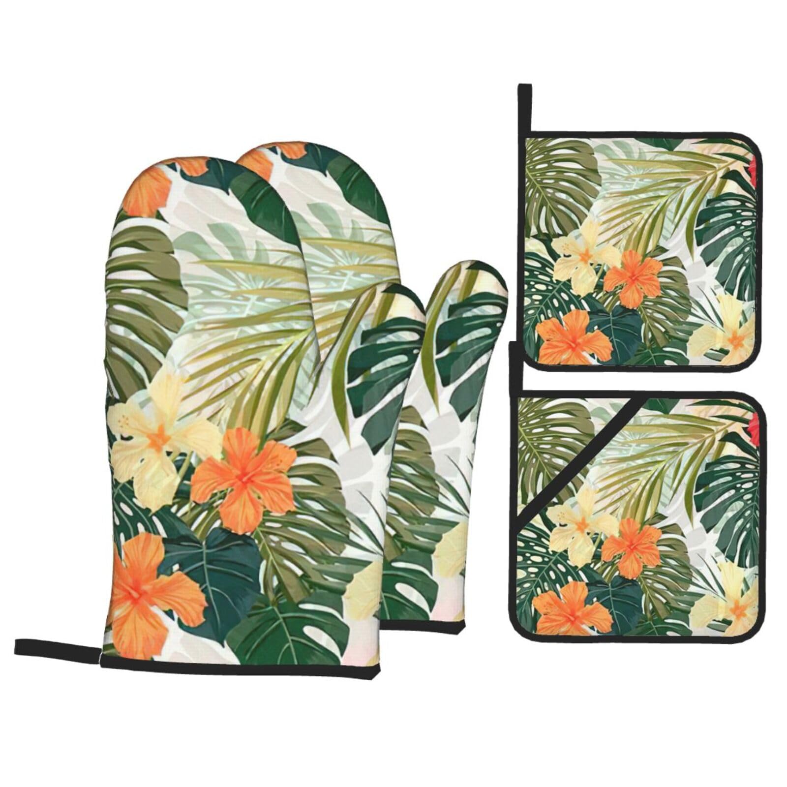 Vegetation Leaves with Hibiscus Flowers Print 4-Piece Oven Microwaving Set Waterproof Kitchen Gloves for Baking Grilling Cooking