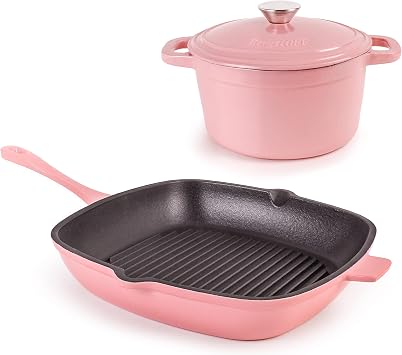 BergHOFF 3Pc Neo Enameled Cast Iron Cookware Set, 3qt. Dutch Oven, Matching Lid, Square Grill Pan 11 Inches, Oven Safe Up To 400F, Pink
