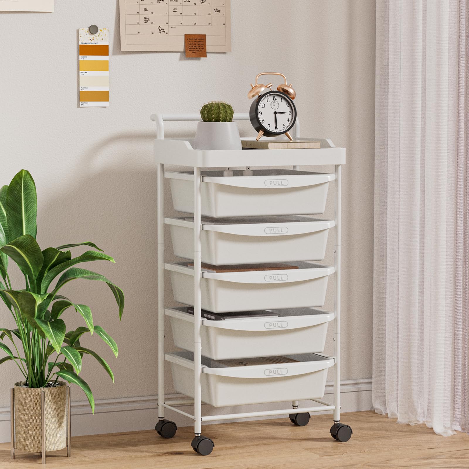 Carrello a 5 Cassetti con Ruote e Ripiani Mobile Salvaspazio Multifunzionale Storage Rack Bagno Cucina per Portavivande Portafrutta (Bianco)