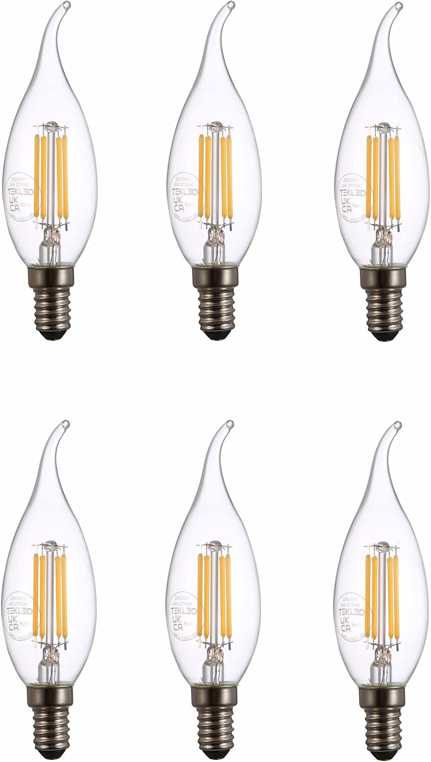 TEKLED® C35 Tail Filament Vintage LED Bulbs | Flame Tip E14 Small Edison Screw | Energy Saving 4W Light Bulb 40W Equivalent | NONDIMMABLE Clear 2700K 470LM | 6-Pack | Warm White