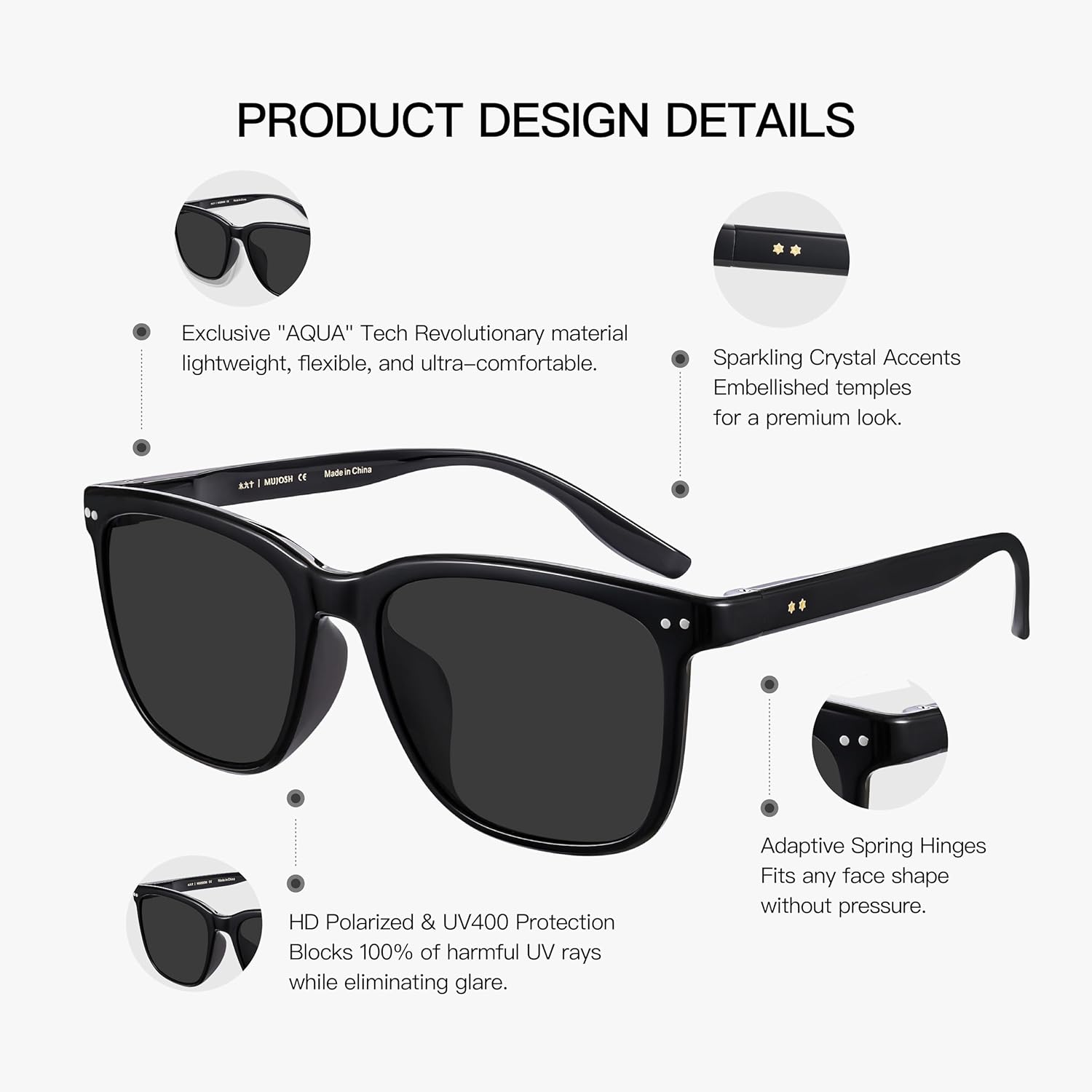 MUJOSH Trendy Square Sunglasses for Women Men, HD Polarized UV400 Protection,Exclusive Eyewear Brand of EssilorLuxottica