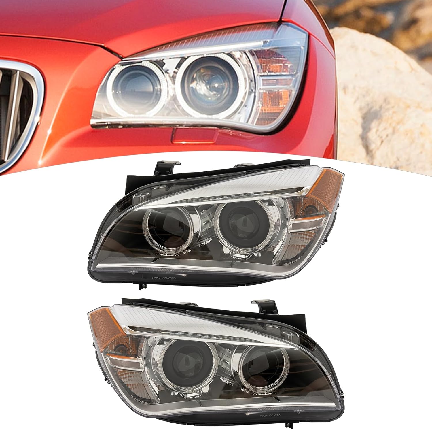 Front Xenon Halogen Headlight Left+Right Side for 2013-2015 BMW X1 Driver & Passenger Head Lights Lamp, E84 Chassis Direct Replacement Semi-Assembly w/LED Daytime Running Light (A Pair Headlights)