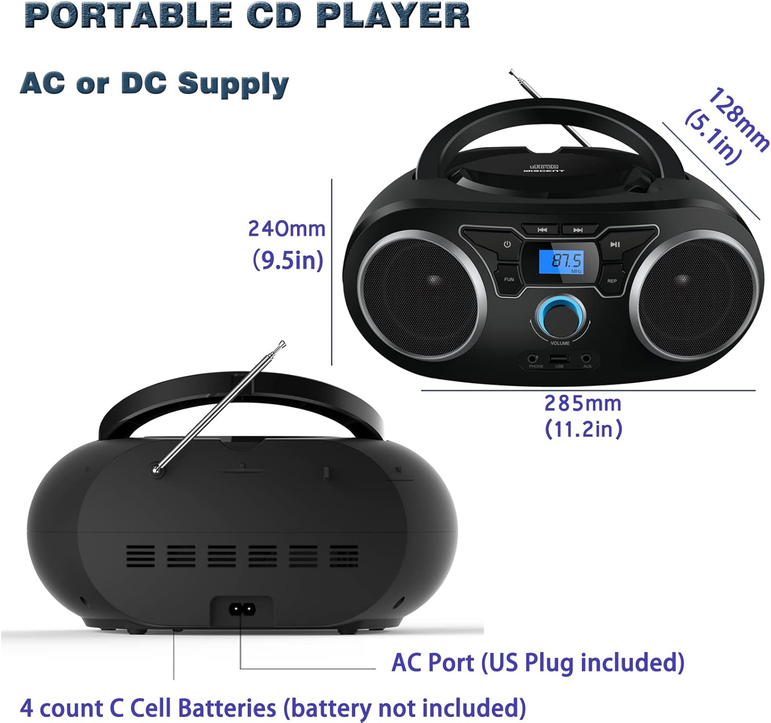 شاته view of WIITHINK Portable CD Boombox WTB771 showing AC port and battery compartment
