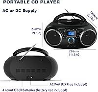 Vista 5 de Boombox de CD portátil con Bluetooth, radio FM, puerto USB, compatible con MP3-CD, entrada AUX, conector para auriculares, control remoto, estéreo