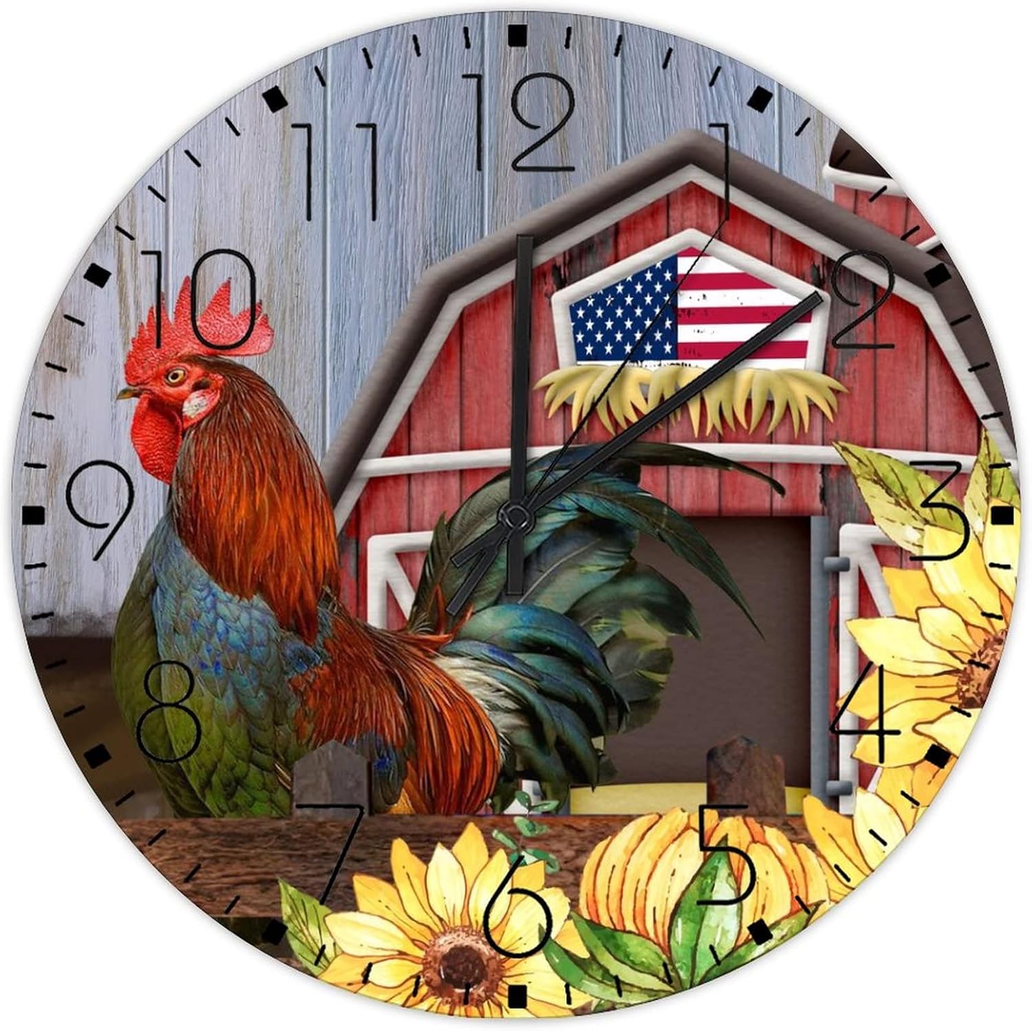 Silent Wall Clock Battery Operated Non Ticking Analog Rooster Barnyard Sunflower Barn Retro Wall Clocks Retro Rooster Oil Painting Sunflower Wooden Wall Decor for Man Cave School Gym 15"