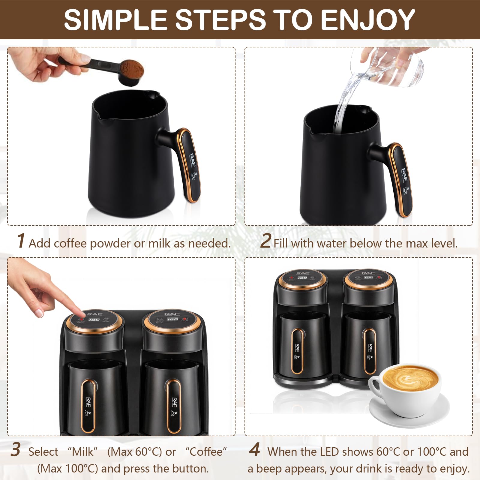 RAF Elektrische Türkische Kaffeemaschine, 600W Kaffeepott mit Dual-Heizsystem, Gleichzeitig Kaffee & Milch erhitzen, 300+300ml Große Kapazität für 6 Tassen, mit Anti Trockenlauf Schutz