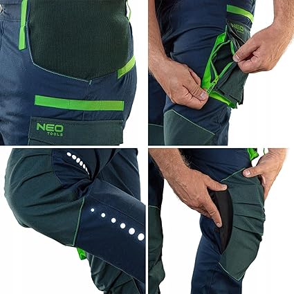 NEO TOOLS Hoogwaardige werkbroek voor heren, 62% katoen, 35% polyester, 3% elastaan, 250 g/m², maat XS-3XL, knieën versterkt met Cordura, Set (broek, jas en T-shirt), M