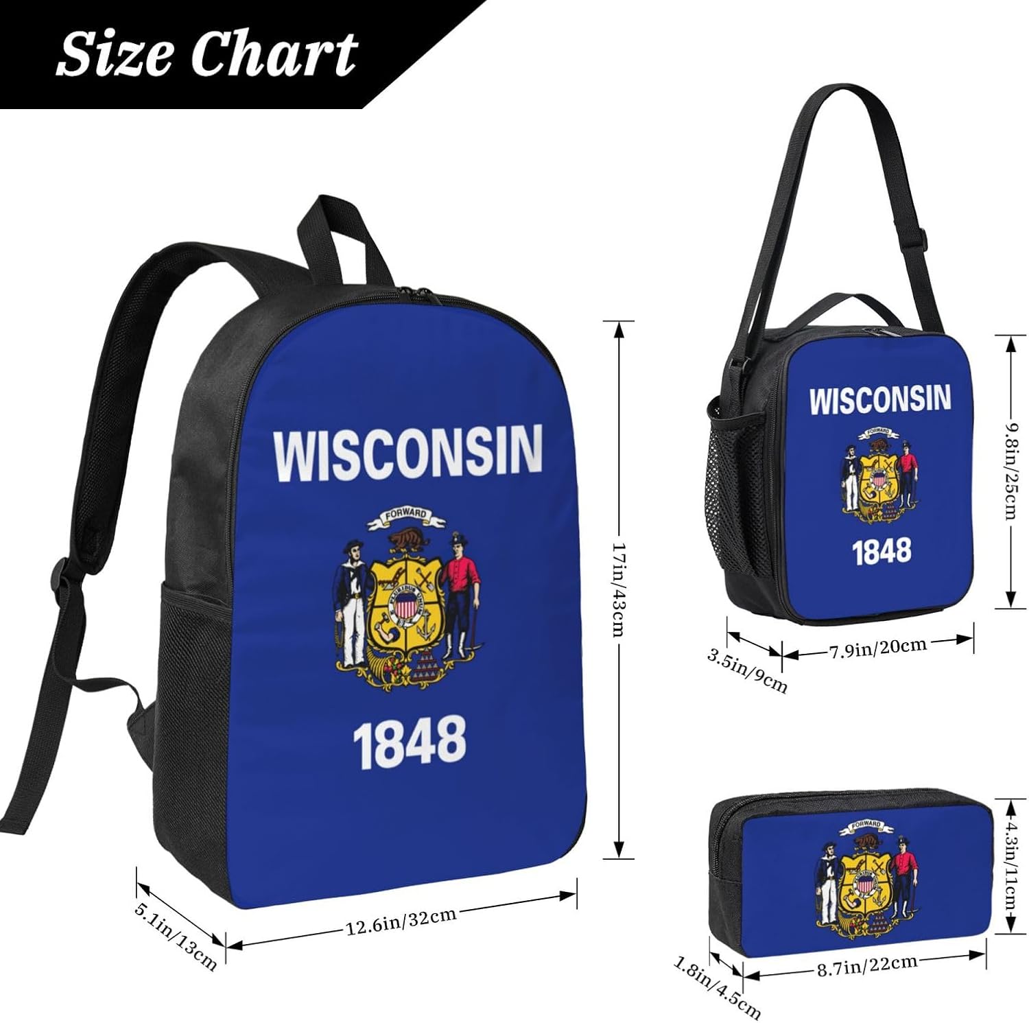 Wisconsin State Flag print 3 Piece Backpack Bags with Lunch Box Pencil Case Set for Travel Work Camping Unisex