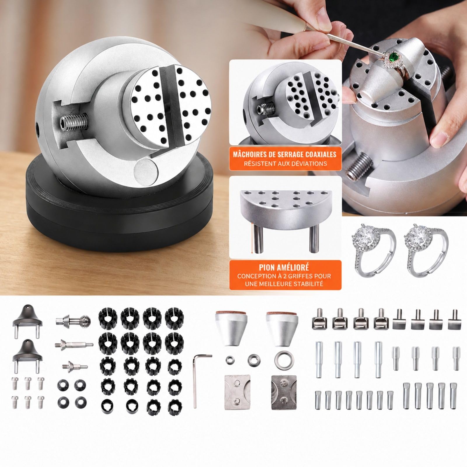 Étau boule de graveur avec base rotative, mâchoires réglables et 69 accessoires pour gravure et fabrication de bijoux
