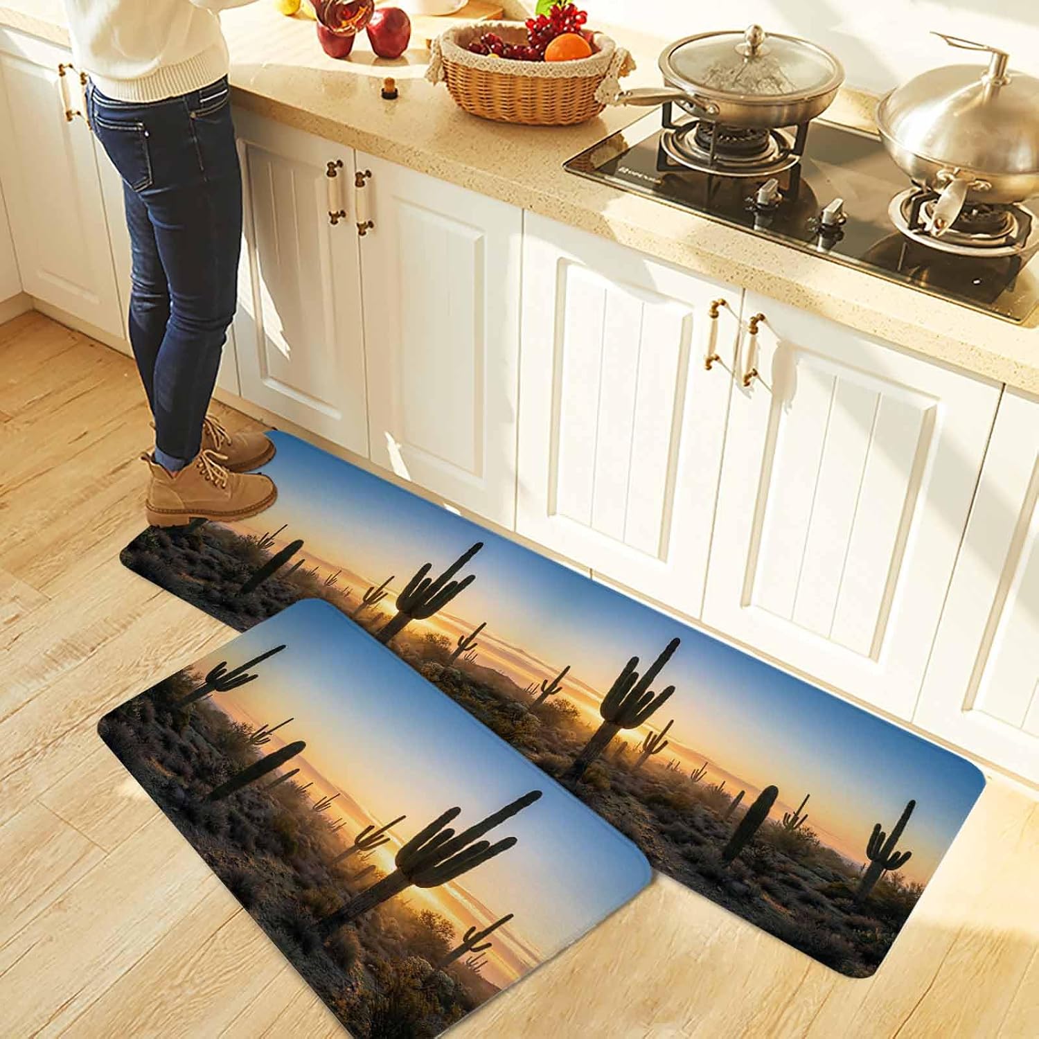 Western Cactus Sunrise Kitchen Rugs and Mats Set of 2, Non-Slip Kitchen Sink Mat, Modern Abstract Art Retro Washable Doormat Bathroom Rugs Runner for Bedroom/Living Room 17.7"x30"+17.7"x47.2"
