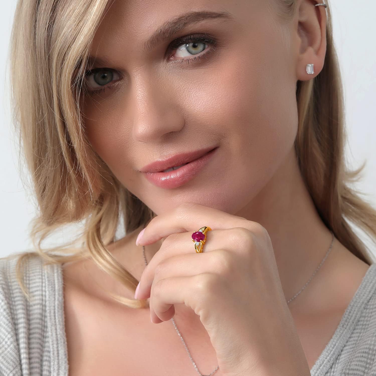 Gemstone Birthstone and Lab Grown Diamond 3-Stone Engagement Ring for Women | 18K Yellow Gold Plated Silver | Oval 8X6MM and Round 2MM | Three-Stone Wedding Anniversary Promise Ring | Sizes 5-9 - Image 3