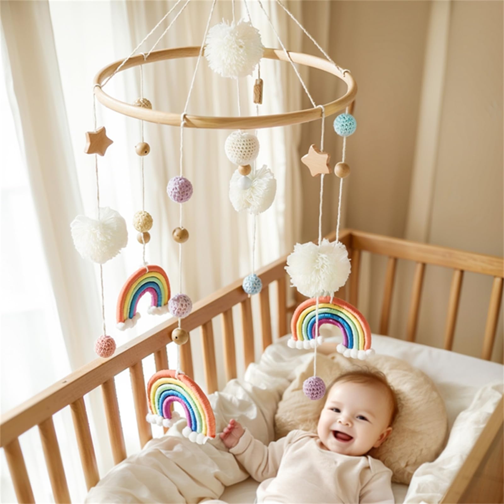 Herfair Mobiles Baby, Regenbogen Babybett Hölz Windspiele mit Bäll, Baby Mobile, Anhänger Babyzimmer Deko, Neugeborene Geschenk für Jungen Mädchen (Orange)