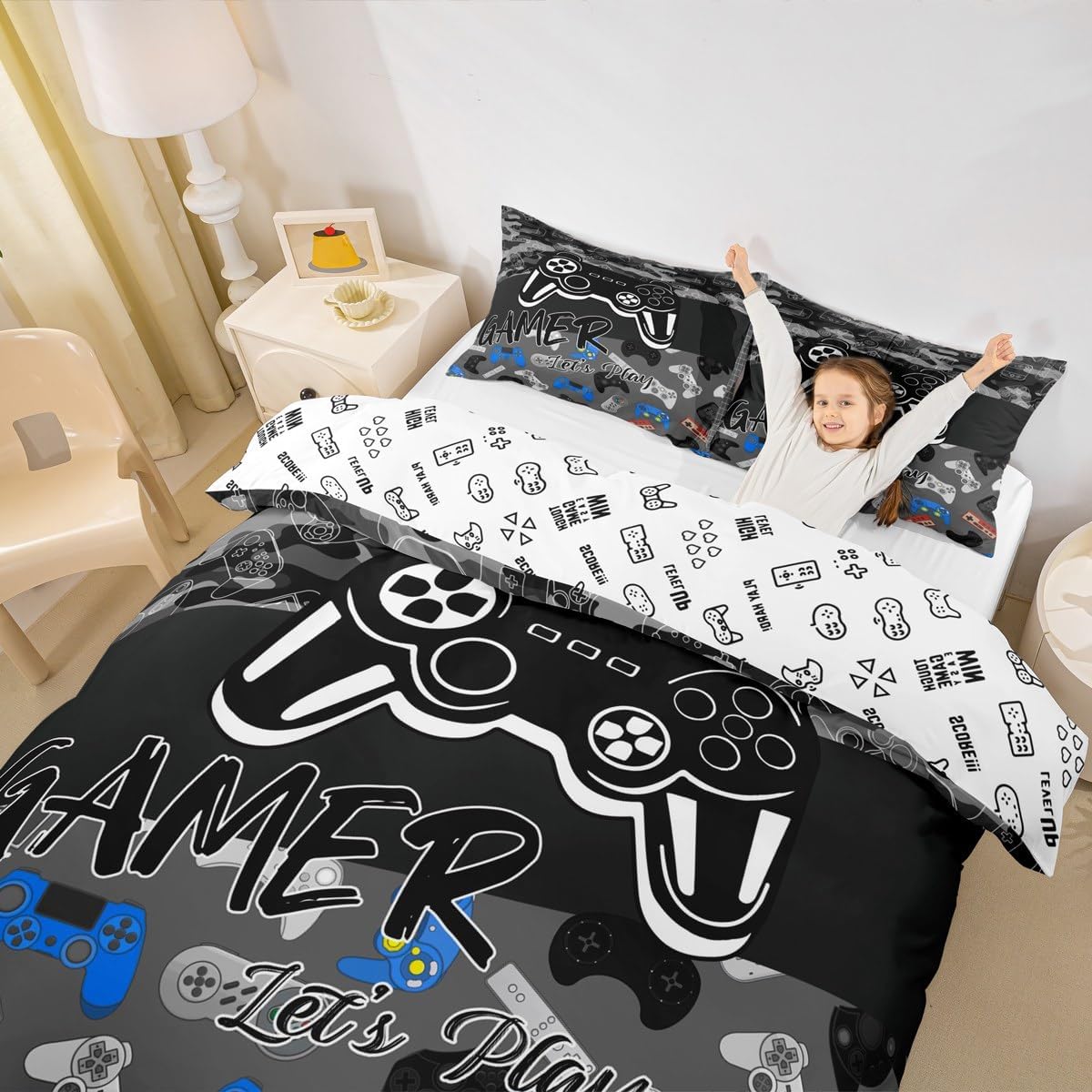 Homewish Video Games Boys Bedding Set Full Size,Cartoon Gamepad Duvet Cover Set 3Pcs for Kids Teens Men Room Decor,Modern Gaming Comforter Cover Fashion Black Grey Quilt Cover,2 Pillowcases image 5