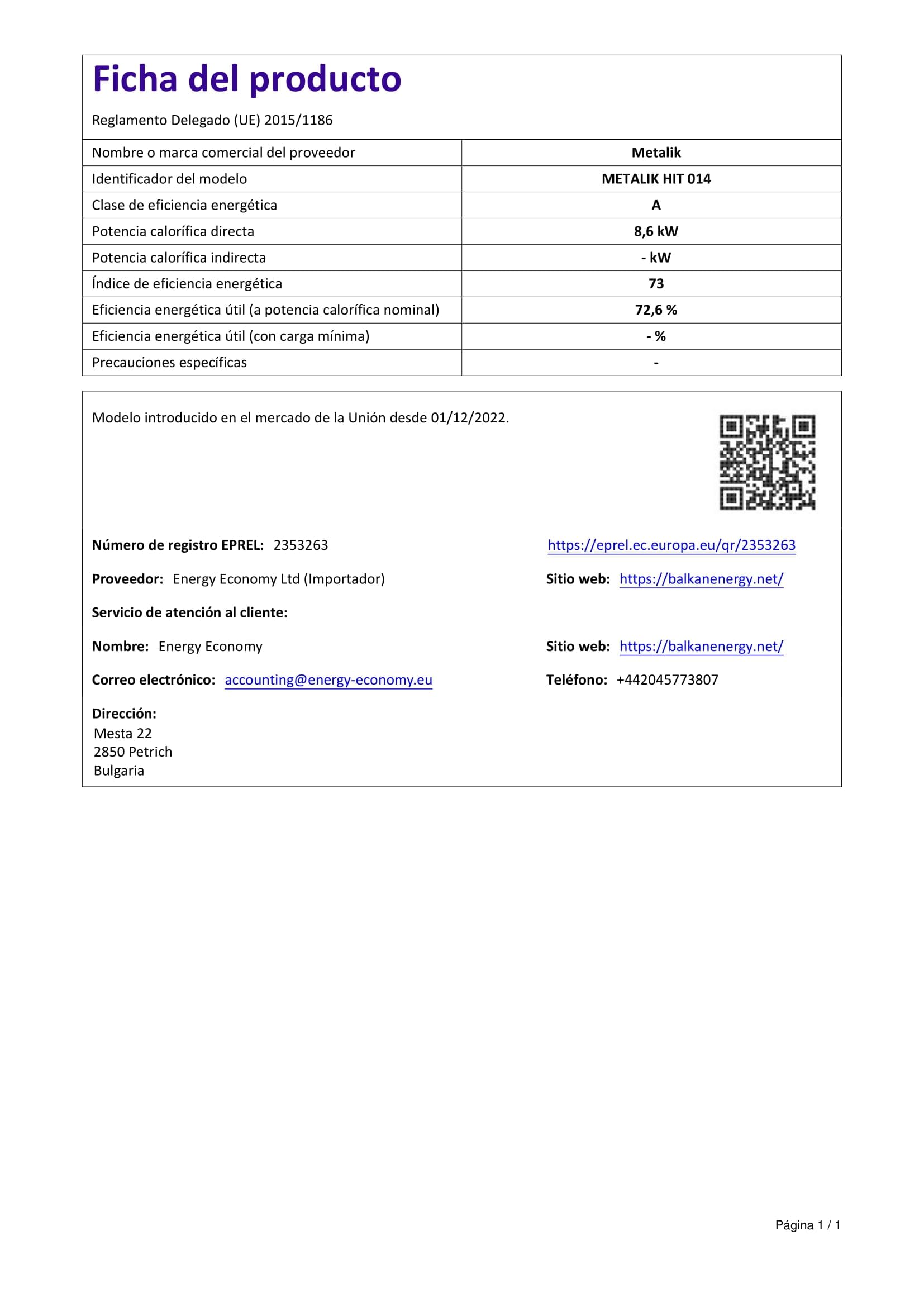 Estufa de leña BALKAN ENERGY, Modelo HIT 8.6 kW