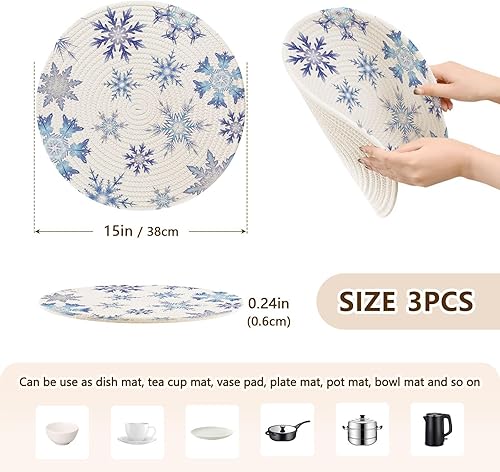 Miniatura 2 de Salvamanteles redondos de Navidad con textura de copos de nieve, 3 piezas, resistentes al calor, para ollas y sartenes calientes, trípode para