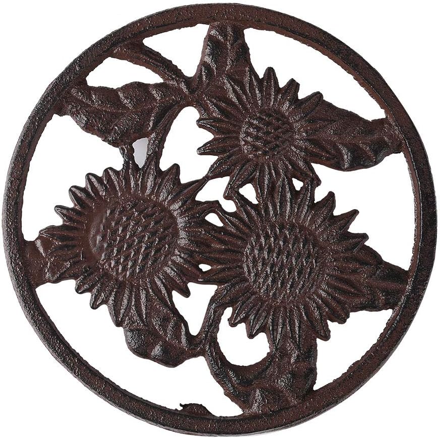 Cast Iron Sunflower Trivet - Decorative Cast Iron Trivet For Kitchen Or Dining Table - Vintage, Rusted Design - 6.1""x6.1"" - With Rubber Pegs/Feet - Recycled Metal - Rust Brown Color TQZDPT22