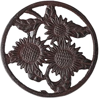 Cast Iron Sunflower Trivet - Decorative Cast Iron Trivet For Kitchen Or Dining Table - Vintage, Rusted Design - 6.1""x6.1"" - With Rubber Pegs/Feet - Recycled Metal - Rust Brown Color TQZDPT22