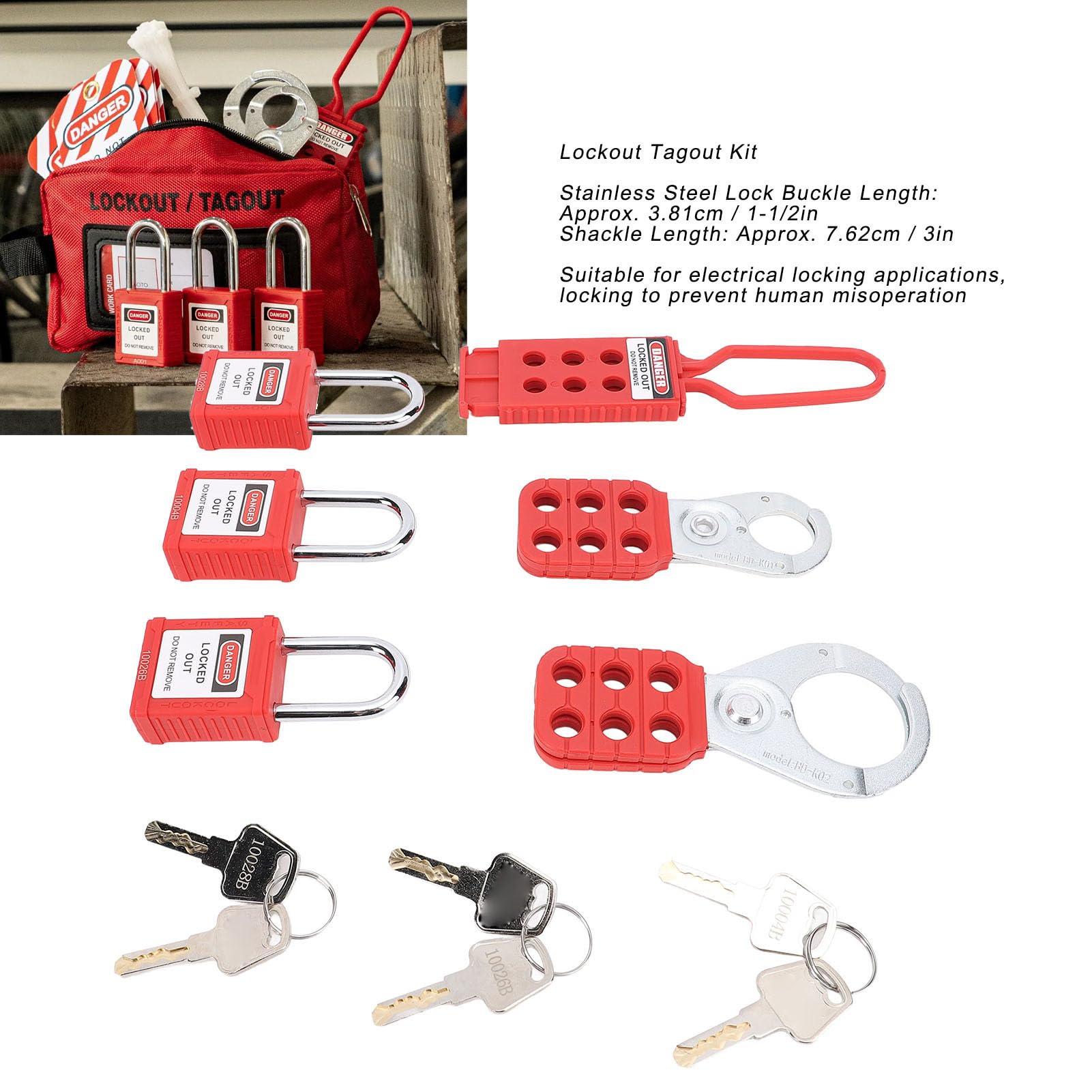Electrical Safety Lockout Tagout Kit with Stainless Steel Lock Buckle Length 3.81cm and Shackle Length 7.62cm Suitable for Power Switches, Gas Source Switches, Valves, Mechanical