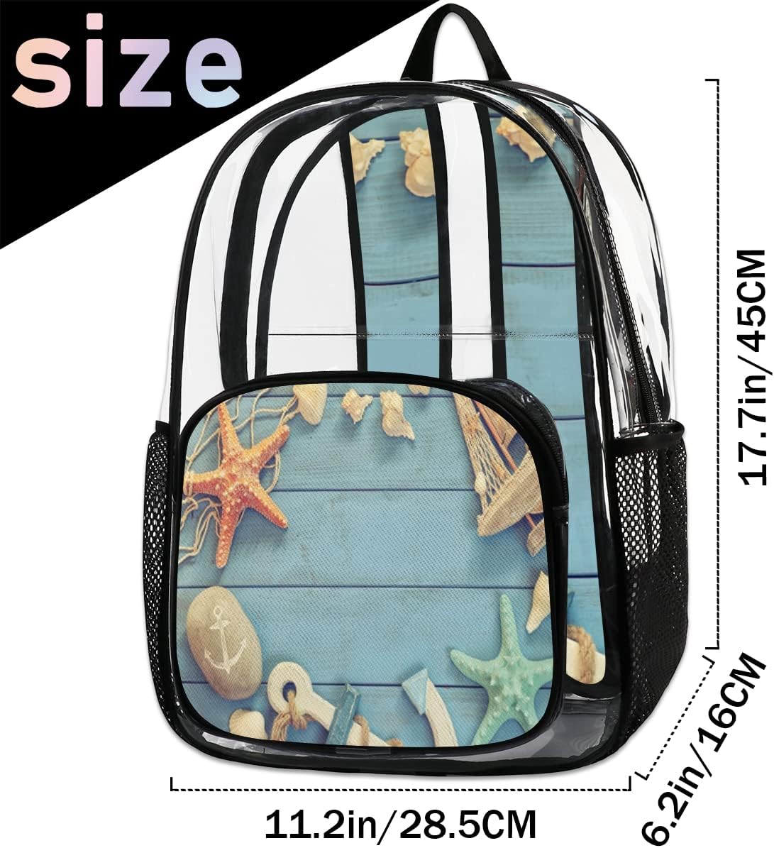 Starfish Sea Anchor Boat Clear Backpack Stadium Approved Heavy Duty PVC Transparent Backpacks Large Laptop Backpack for Work Travel Sports Events Concerts