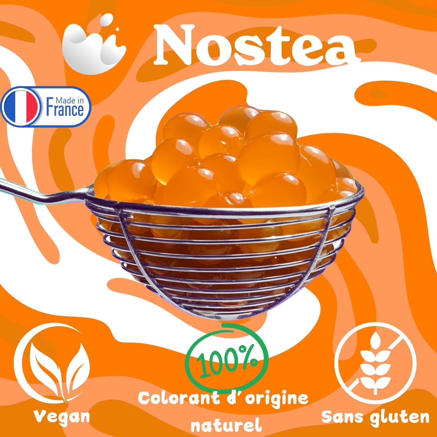 Nostea - Set di 3 vasetti, Perle per Bubble Tea Tropical, Pesca, Fragola – Popping Boba 100% Vegano, Senza Glutine - Perle al Succo di Frutta per Tè, Bevande - Produzione Francese - 3x 450 gr