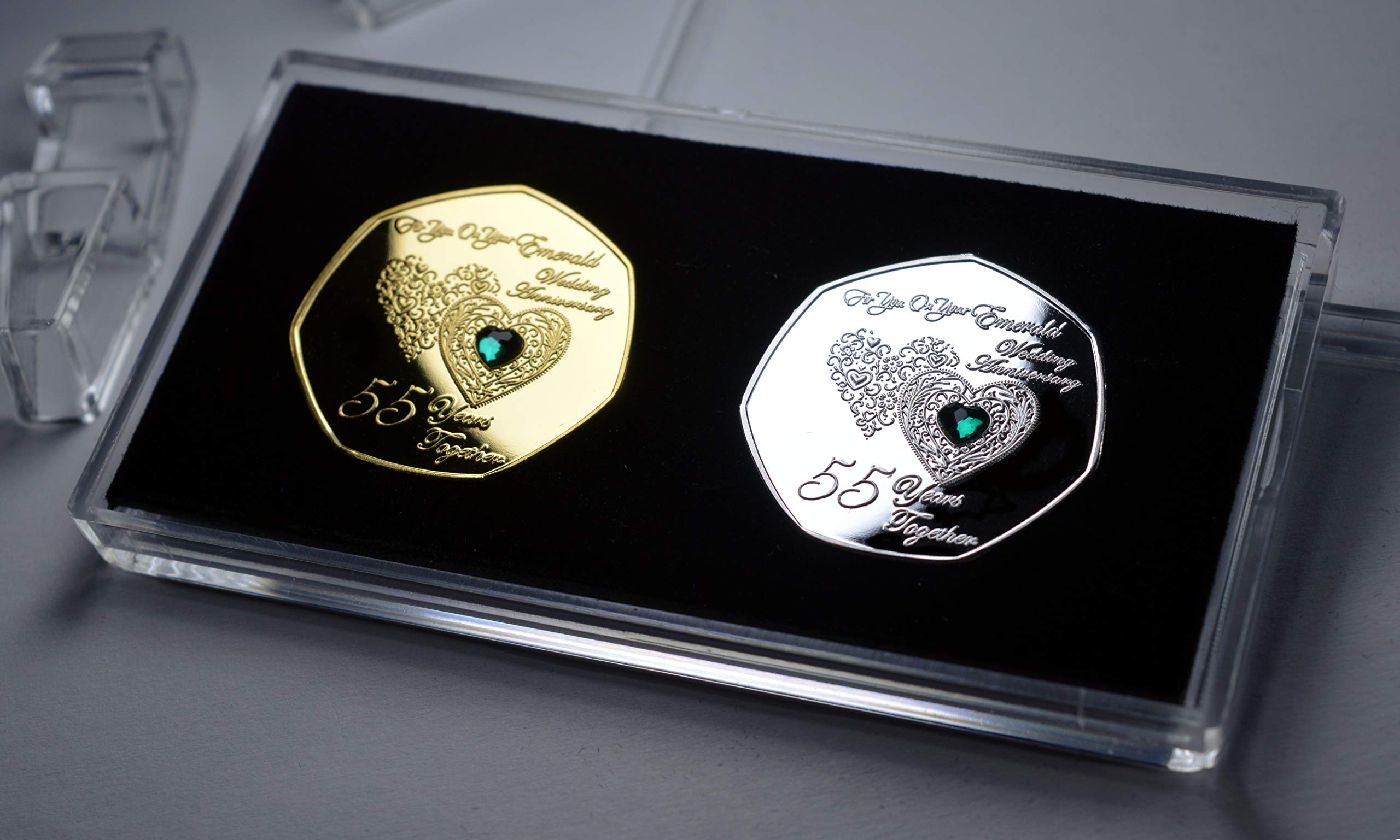 The Commemorative Coin Company Pair of 55TH EMERALD WEDDING ANNIVERSARY Silver & 24ct Gold Commemoratives with Diamante Gemstones. Display/Presentation Stand. Gift/Present 55 Years Together