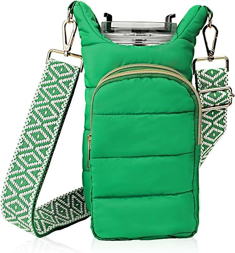 PEUTIER Bolsa cruzada para botella de agua, bolsa cruzada para botella de agua verde con correa y bolsa, tela suave, multifuncional, portátil,