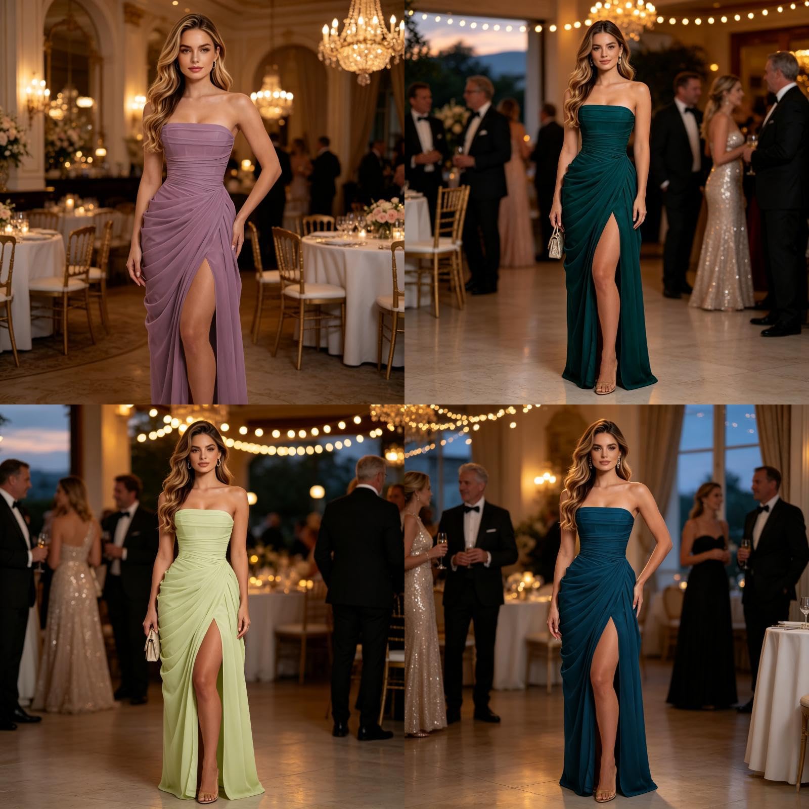 Vestido largo de gasa plisado con corsé sin tirantes para mujer, vestido largo de noche formal con abertura
