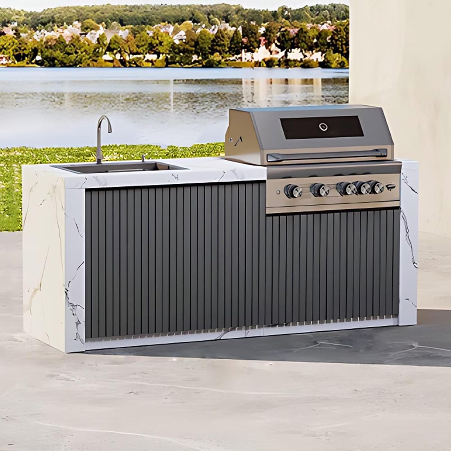 Outdoor Kitchen Cabinet with BBQ - Large Kitchen Cabinet with Slate Countertop Includes Barbecue Grill,Table Includes Stainless Steel Sink & Storage Space(62.99IN)