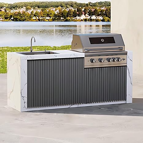 Outdoor Kitchen Cabinet with BBQ - Large Kitchen Cabinet with Slate Countertop Includes Barbecue Grill,Table Includes Stainless Steel Sink & Storage Space(62.99IN)