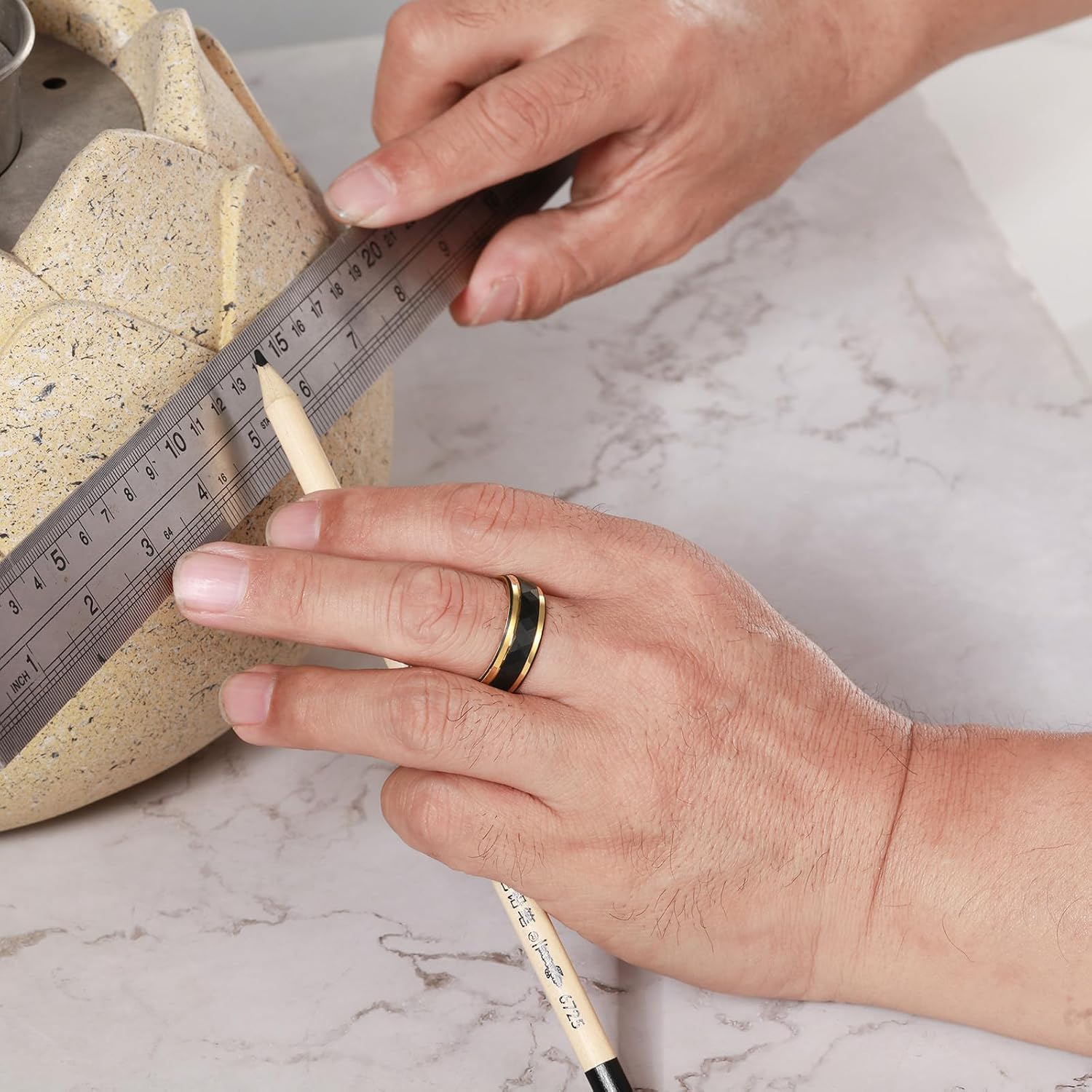 Black Tungsten Rings for Men - Rhombus Hammered Finish with Gold Edge, Comfort Fit, Hypoallergenic Wedding Bands - Image 5