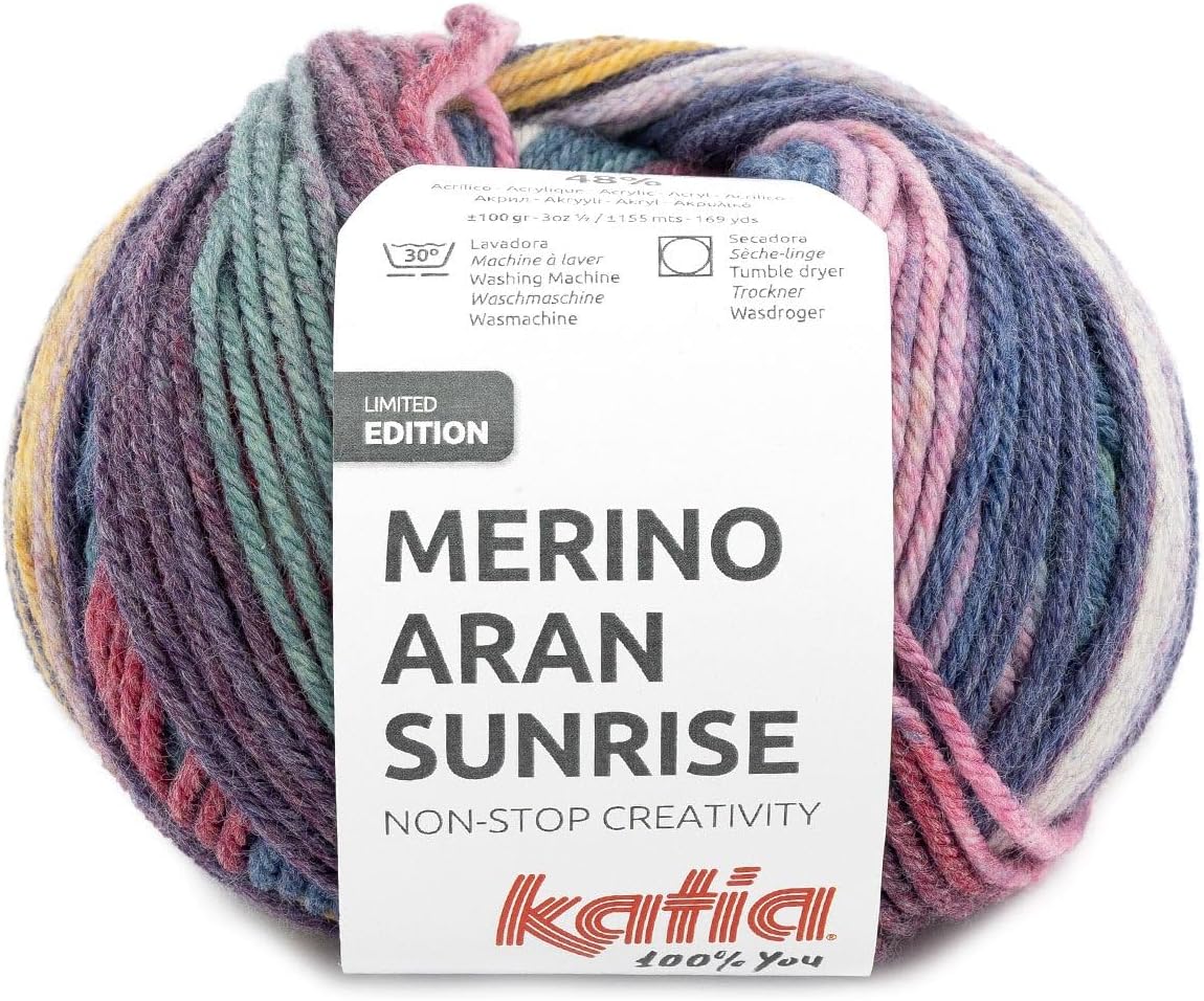 Katia MERINO ARAN SUNRISE 100g 155m Wool for Knitting Balls (Fuchsia-Blue-Ochre (306))